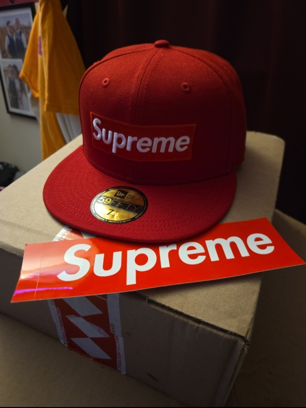 Supreme Red Box Logo Fitted Cap with Sticker